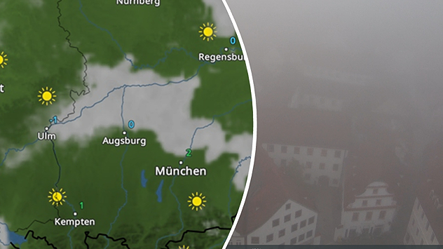 Wetterkarte mit Nebel in Südbayern und neblige Stadtansicht im Hintergrund.