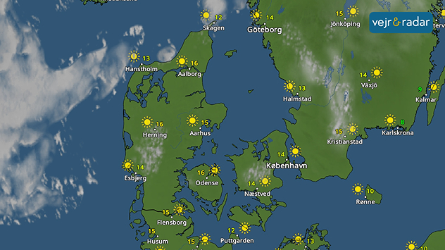 VejrRadar over Danmark med solrigt vejr og temperaturer omkring 12 til 16 grader.