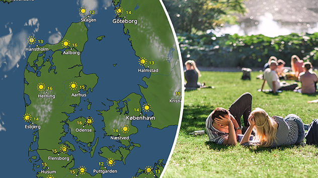 VejrRadar over Danmark med solrigt vejr kombineret med foto af mennesker der nyder solen på græs.
