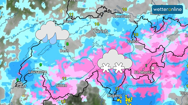 Schweizer Wetterradar mit Niederschlag, Regenwolke und Schneesymbol.
