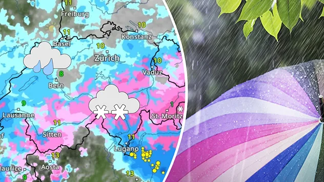 Wetterkarte der Schweiz neben einem bunten Regenschirm im Regen.