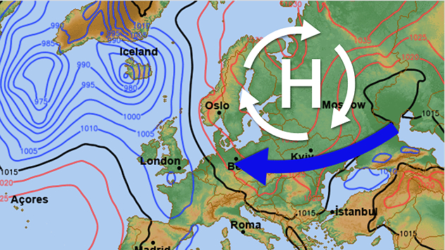 Wetterkarte von Europa mit Hochdruckgebiet über Osteuropa, Isobaren und Kaltfront über Mitteleuropa.