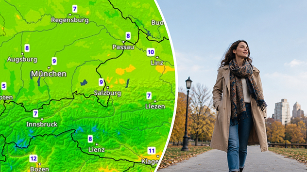 Temperaturkarte und Frau mit Jacke am Morgen