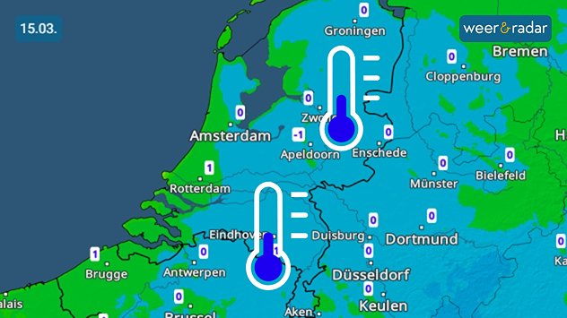 De temperatuurkaart voor zondagochtend vroeg toont op uitgebreide schaal lichte vorst in Nederland.