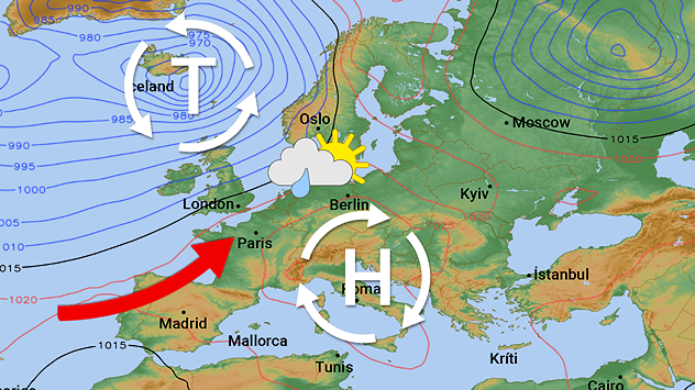 Wetterkarte Europas mit Hoch über Mitteleuropa und Tief bei Island. Wechselnde Bewölkung über Berlin.