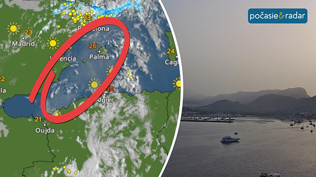 Snímka meteoradaru a obloha zaklená od prachu.