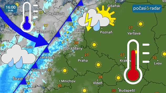 Meteoradar, screenshot, 21. 9. 16:00: V neděli odpoledne v Česku ještě doznívá velmi teplé a slunečné počasí. Od západu až severozápadu se k nám již však rychle blíží studená fronta, která s sebou přinese výraznou změnu počasí.
