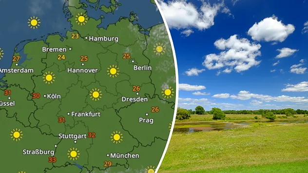 Splitbild. Links eine Karte von Deutschland mit Wetter und Temperaturen. Rechts eine sommerliche Landschaft mit Wiesen, blauem Himmel und Quellwolken.
