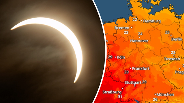 Partielle Sonnenfinsternis neben einer Temperaturkarte. In Deutschland werden verbreitet 22 bis 29 Grad, am Oberrhein bis 31 Grad angezeigt.