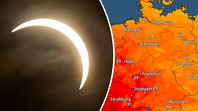 Partielle Sonnenfinsternis neben einer Temperaturkarte. In Deutschland werden verbreitet 22 bis 29 Grad, am Oberrhein bis 31 Grad angezeigt.