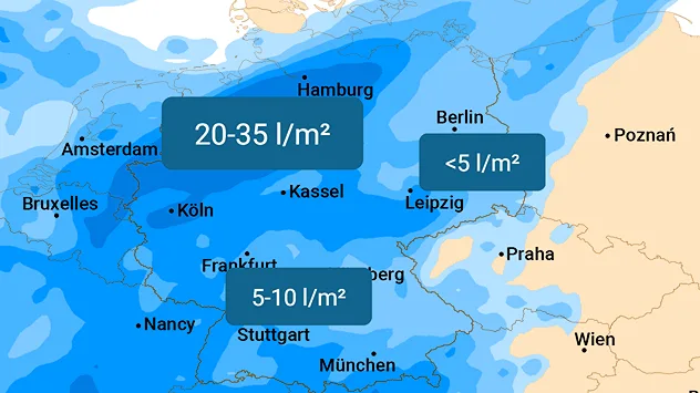Regenkarte für Sonntag mit 20 bis 35 l/m² im Nordwesten, 5 bis 10 l/m² im Südwesten und meist unter 5 l/m² im Osten.
