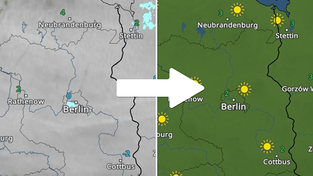 Gegenüberstellung einer Wetterkarte für Berlin und Brandenburg: links graue Wolkendecke, rechts sonnige Wetterlage mit Sonne-Symbolen.