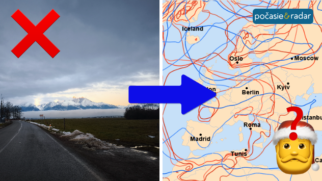 Rozdelený obrázok. Vľavo obrázok zamračeného počasia s horami v pozadí a krížikom vľavo hore. Vpravo obrázok možných synoptických situácií a vpravo dole v rámci neho obrázok mikuláša s otáznikom. Medzi obami obrázkami je šípka smerujúca zľava do prava.