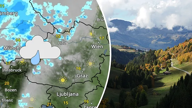 Bildmontage mit dem WetterRadar für Samstag und einer herbstlichen Alpenlandschaft. Links sind Regengebiete besonders über West- und Nordösterreich zu erkennen. Rechts wechseln sich bewaldete Hänge, grüne Wiesen und Wolken ab.
