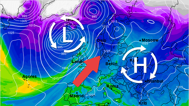 De weerkaart voor eind van de week toont een licht wisselvallige, maar zachte weersetting met lagedruk tussen Schotland en IJsland en een hogedrukgebied boven de Balkanlanden.
