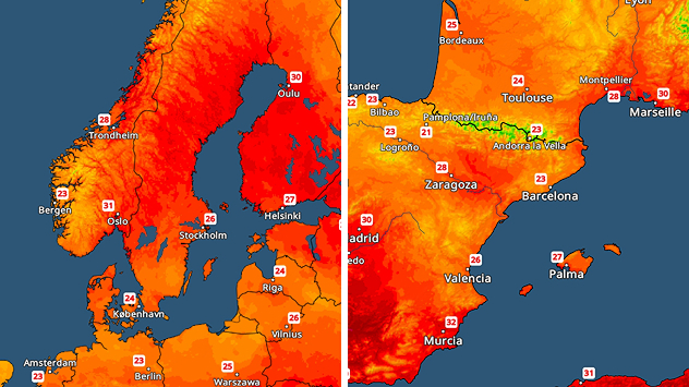 Temperaturkort viser varme forhold i store dele af Europa. Oslo topper med 31 grader i Norden, mens Barcelona i Spanien når op på 23 grader