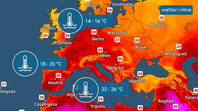 TemperaturRadar für Europa, bei dem Wassertemperaturen im Mittelmeer und im Atlantik eingezeichnet sind.