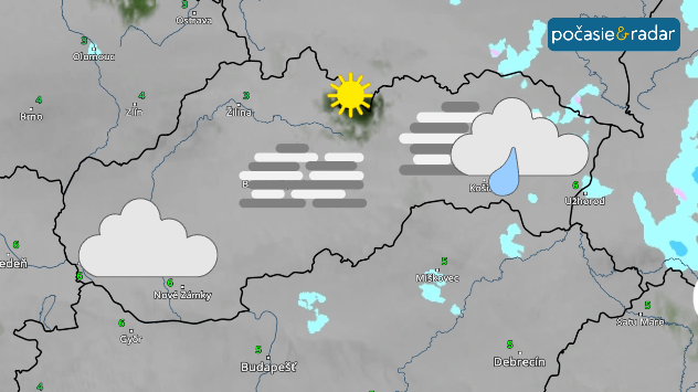 Snímka meteoradaru zobrazujúca na veľkej väčšine Slovenska oblaky, hmly a mrholenie. Slnko len v najvyšších partiách Tatier.
