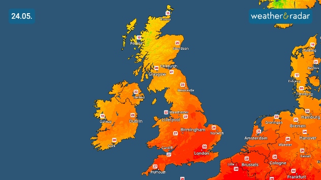 Temperature map of the UK and Ireland on 24.05 showing widespread hot orange and red conditions, with temperatures reaching 30 °C near London and high 20s across much of Britain.