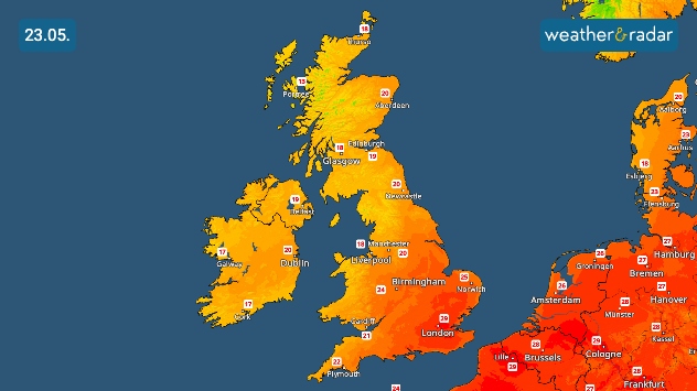 Temperature map of the UK and Ireland on 23.05 showing widespread warm orange conditions, with temperatures reaching 29 degrees in London, cooling further north into Scotland.