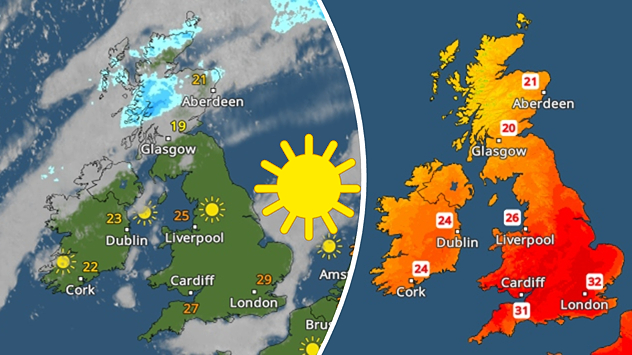 Split weather graphic showing sunny conditions across the UK on the left and a heatwave temperature map on the right, with temperatures reaching 32 °C near London and bright sunshine icons over Britain.