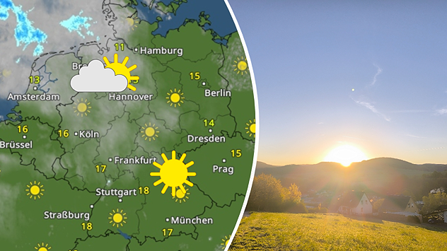 Geteilte Ansicht: Links das WetterRadar mit Sonne, Wolken und 11–18 °C; rechts stimmungsvoller Sonnenaufgang über sanften Hügeln bei klarem Himmel, Aufnahme vom 27.04. in Schmalkalden.