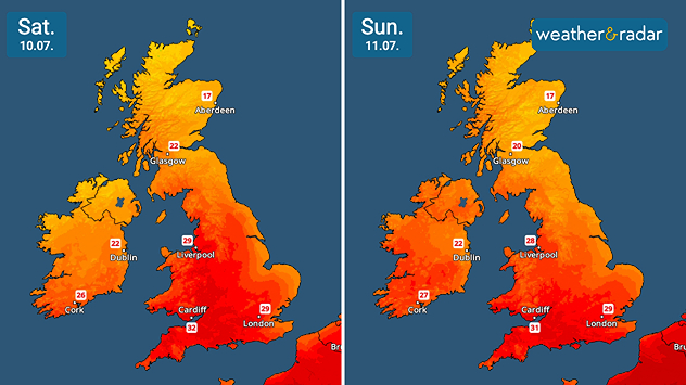 Split temperature maps of the UK and Ireland comparing Saturday 10.07 and Sunday 11.07 showing hot conditions across both countries. Temperatures reaching 32°C on Saturday and 31°C on Sunday in southern England, while Scotland remains cooler at 18 to 22°C.