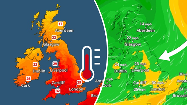 Split weather graphic showing a UK and Ireland temperature map on hte left with temperatures reaching 32°C in southern England, and a wind forecast map on the right with easterly winds blowing in from the North Sea, indicated by a large directional arrow.