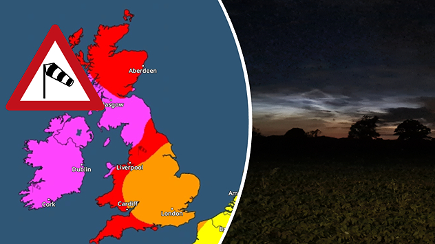Split image shows high level wind warnings during Storm Éowyn on the left, and noctilucent clouds on the right.