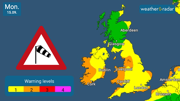 Alt text: Weather warning map for Monday, 15 September, showing wind risk levels across the UK and Ireland. Green areas indicate no warning, yellow areas (level 1) cover most of England, Wales, Northern Ireland, and southern Scotland, while orange areas (level 2) are shown in western Ireland and parts of western Wales. A wind warning symbol is displayed on the left.