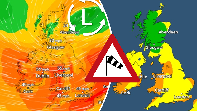 Split weather map of the UK and Ireland highlighting strong winds on Monday, 15 September. The left side shows gust speeds, with 55 mph around Dublin and Liverpool, and 45 mph near Cardiff and London, linked to a low-pressure system over the North Sea. The right side shows wind warning levels, with yellow (level 1) across much of England, Wales, and Northern Ireland, and orange (level 2) in western Ireland and parts of western Wales. A wind warning symbol is displayed in the centre.