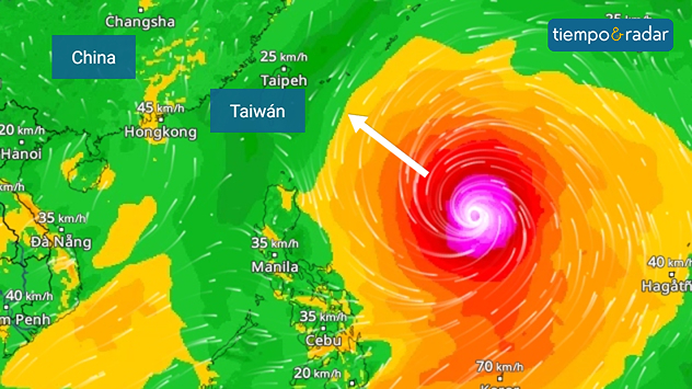 El gráfico muestra un intenso ciclón tropical sobre el Pacífico occidental, al este de Taiwán y Filipinas. El centro del sistema se representa mediante un remolino de color violeta claro y blanco con un ojo claramente reconocible, rodeado por un anillo de zonas rojas y naranjas que indican las velocidades de viento más intensas. Una flecha blanca marca la dirección prevista de desplazamiento del tifón hacia el noroeste, en dirección a Taiwán. Al oeste de la tormenta se encuentran las Filipinas, con las ciudades de Manila y Cebú; al norte, Taiwán, con Taipéi. Más al oeste se divisan la costa china, con Hong Kong, así como partes de Vietnam. La representación del viento en colores muestra, fuera del núcleo de la tormenta, zonas predominantemente verdes con vientos notablemente más débiles. Las líneas de corriente blancas ilustran la circulación del tifón en sentido antihorario en el hemisferio norte. La mayor intensidad del viento se concentra alrededor del ojo del ciclón.