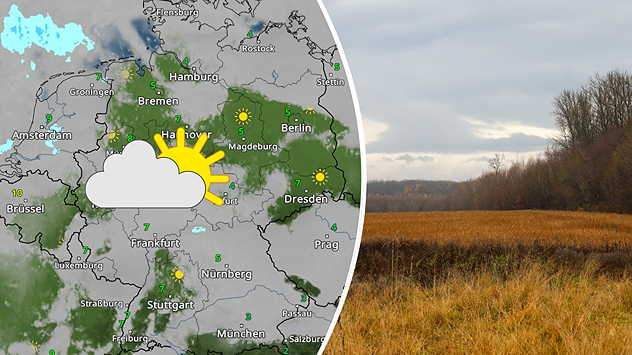 Links: WetterRadar-Karte vom 13. Dezember zeigt viele Wolken in der Mitte und im Süden Deutschlands, stellenweise etwas Sonne und einzelne Tropfen – Sonne-Wolke-Symbol markiert das wechselhafte Wetter. Rechts: Winterlich trübe Landschaft mit grauem Himmel und brauner Vegetation – ruhige, kühle Stimmung.