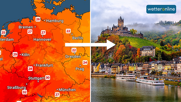 TemperaturRadar mit hohen Temperaturen neben der Reichsburg Cochem an der Mosel.