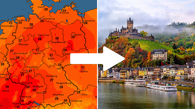 Temperaturkarte von Deutschland mit verbreitet 25 bis 30 Grad neben einer herbstlichen Landschaft an der Mosel bei Cochem.