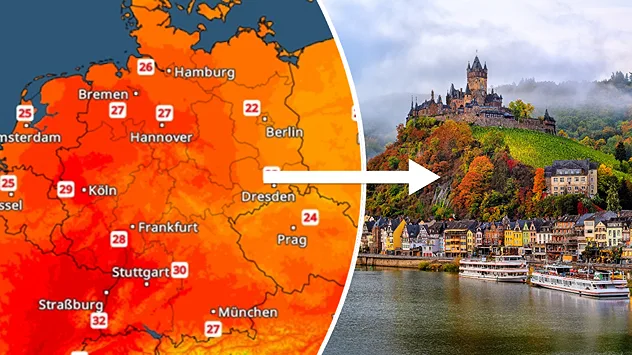 TemperaturRadar mit hohen Temperaturen neben der Reichsburg Cochem an der Mosel.