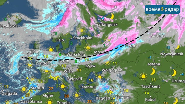Метеорологичен фронт с дължина над 5000 километра се простира от Атлантическия океан до Сибир.