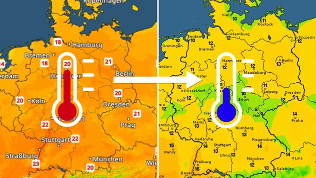 Vergleichskarte zeigt Temperatursturz von Samstag zu Montag. Warme Orangetöne weichen kühleren Gelb- und Grüntönen. Thermometer markieren den deutlichen Rückgang.
