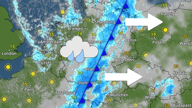 Wetterkarte von Deutschland mit Regen, Wolken und Temperatur