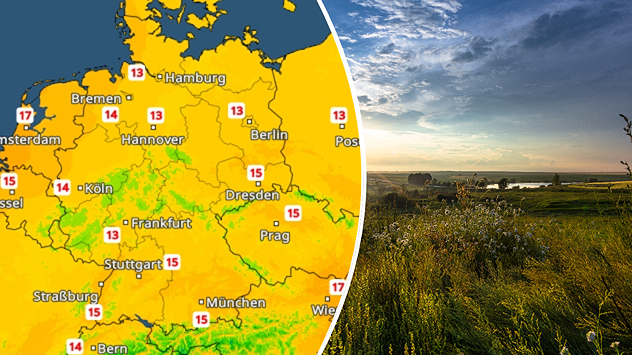 Links zeigt das TemperaturRadar Höchstwerte zwischen 13 und 15 Grad in weiten Teilen Deutschlands. Rechts liegt eine grüne Wiesenlandschaft im Licht der tief stehenden Sonne.
