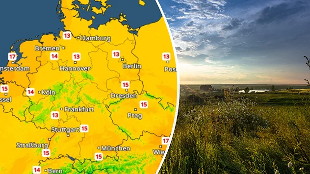 Links zeigt das TemperaturRadar Höchstwerte zwischen 13 und 15 Grad in weiten Teilen Deutschlands. Rechts liegt eine grüne Wiesenlandschaft im Licht der tief stehenden Sonne.