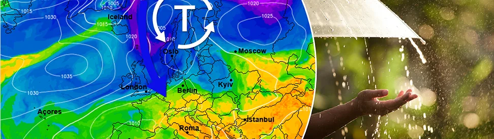 Europa-Wetterkarte mit Tiefdruckgebiet über Skandinavien. Ein Pfeil zeigt kalte Luft aus Nordeuropa Richtung Deutschland.