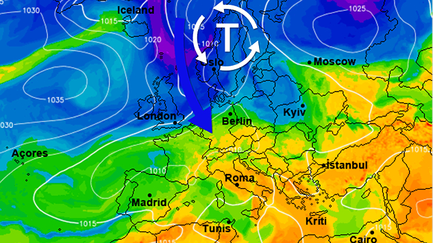 Europa-Wetterkarte mit Tiefdruckgebiet über Skandinavien. Ein Pfeil zeigt kalte Luft aus Nordeuropa Richtung Deutschland.