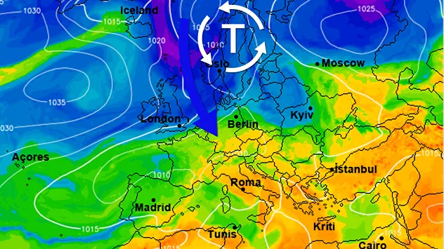 Europa-Wetterkarte mit Tiefdruckgebiet über Skandinavien. Ein Pfeil zeigt kalte Luft aus Nordeuropa Richtung Deutschland.