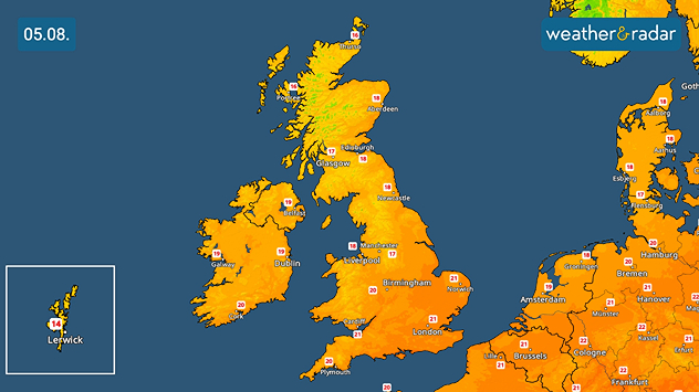 Temperature map showing the highs for Tuesday across the UK and Ireland. Highs mostly in the low 20s, and upper-teens across Scotland and northern England.