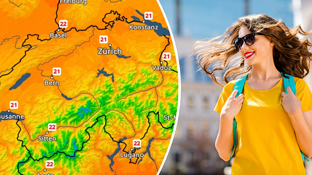 Links das TemperaturRadar für die Schweiz, rechts eine Frau im T-Shirt und mit Sonnenbrille.