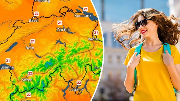 Links das TemperaturRadar für die Schweiz, rechts eine Frau im T-Shirt und mit Sonnenbrille.