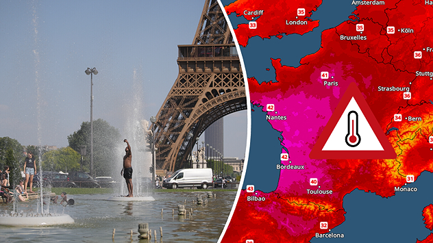 VejrRadar med ekstrem hedebølge i Frankrig kombineret med foto fra Paris under intens varme.