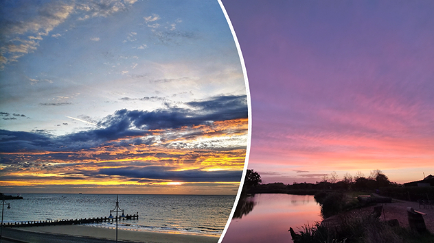 Split image showing a golden sunset over the sea beneath layered clouds and a pink-purple sunset reflected across calm riverside water.