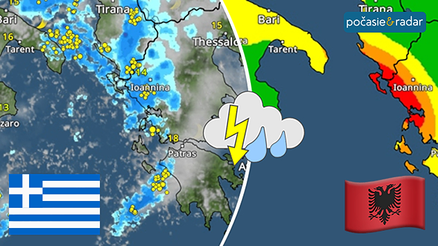 Rozdelený obrázok. Vľavo snímka meteoradaru s dažďom a búrkami a vlajkou Grécka. Vpravo výstrahy pred silným daždom na gréckom a albánskym pobrežím a vlajka Albánska.